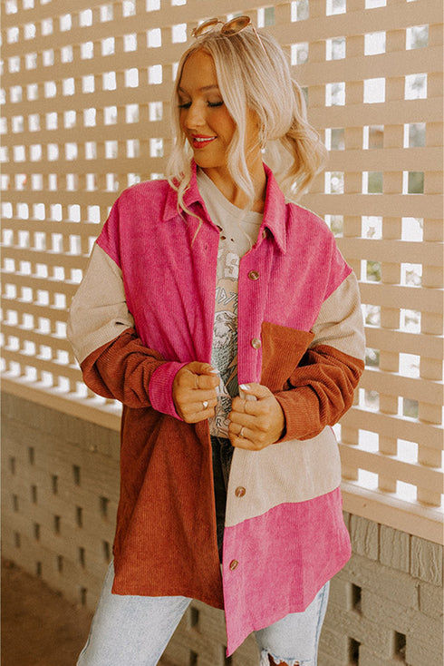 Colorblock Curved Hem Corduroy Shacket with Pocket